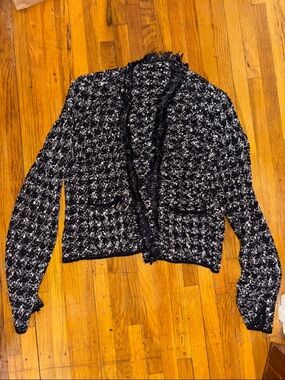 Zara Black & White Bouclé tweed Open-Front Blazer, M